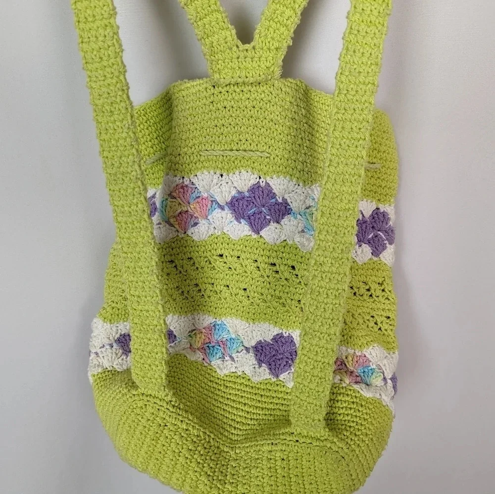 Handmade Crochet Knit Mini Backpack Bag Colorful Floral Bohemian Hippie 70s - Picture 8 of 11